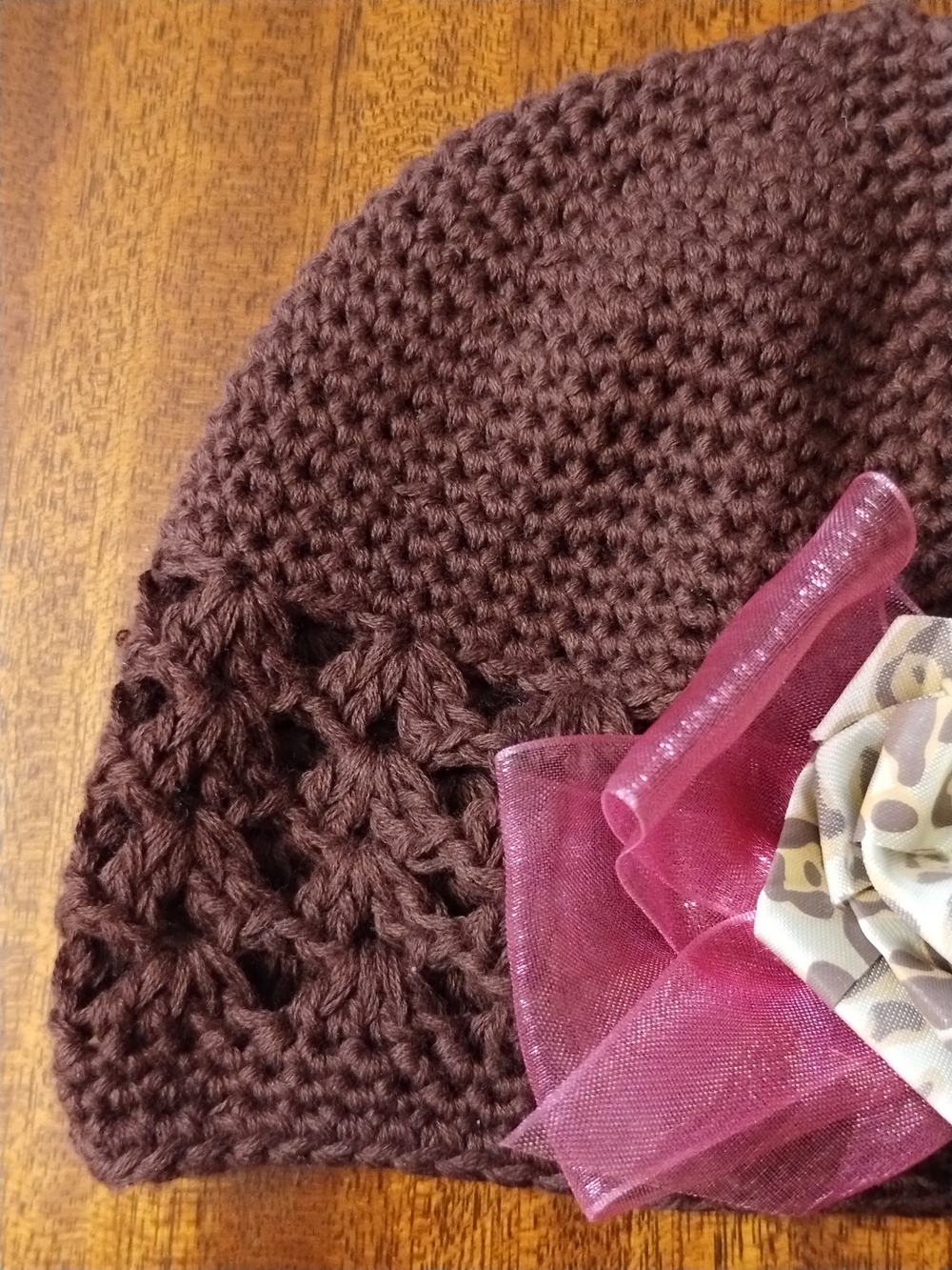 Baby Essentials 0-6 MTHS Brown Crochet Hat with Fabric Rose Accent